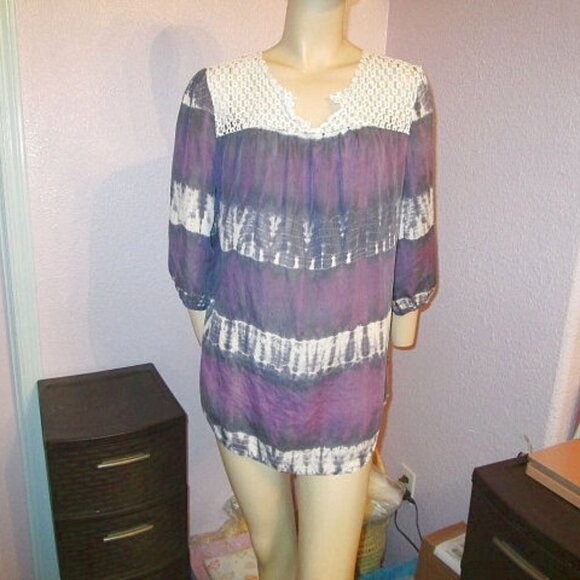 Calypso St. Barth SILK Blouse Size XL TUNIC Top CROCHET Tie Dye 3/4 SLEEVES Boho - Picture 1 of 9